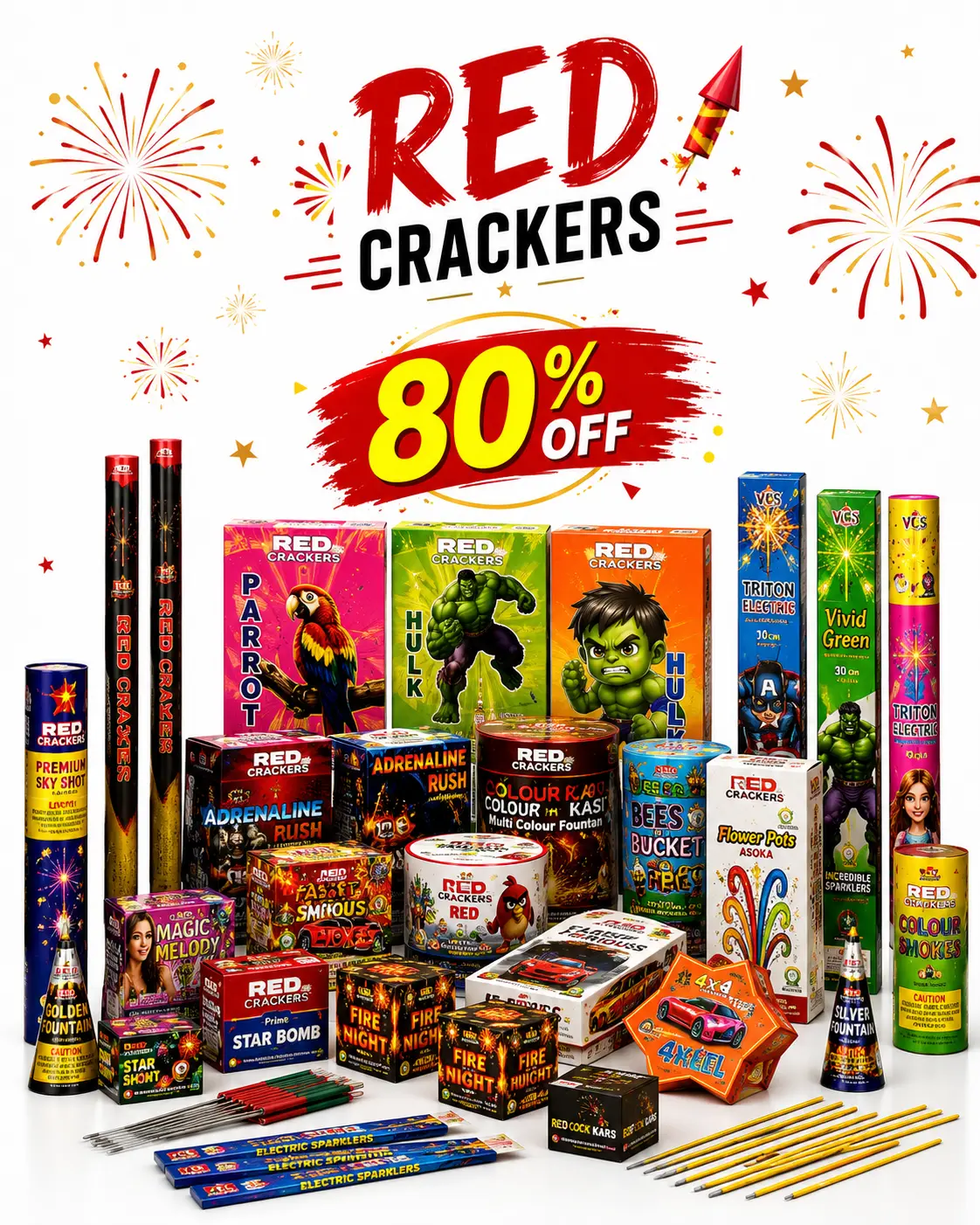 Red Crackers Sivakasi fireworks collection with 80% offer featuring sparklers, rockets, flower pots, fancy crackers, sky shots, and gift boxes
